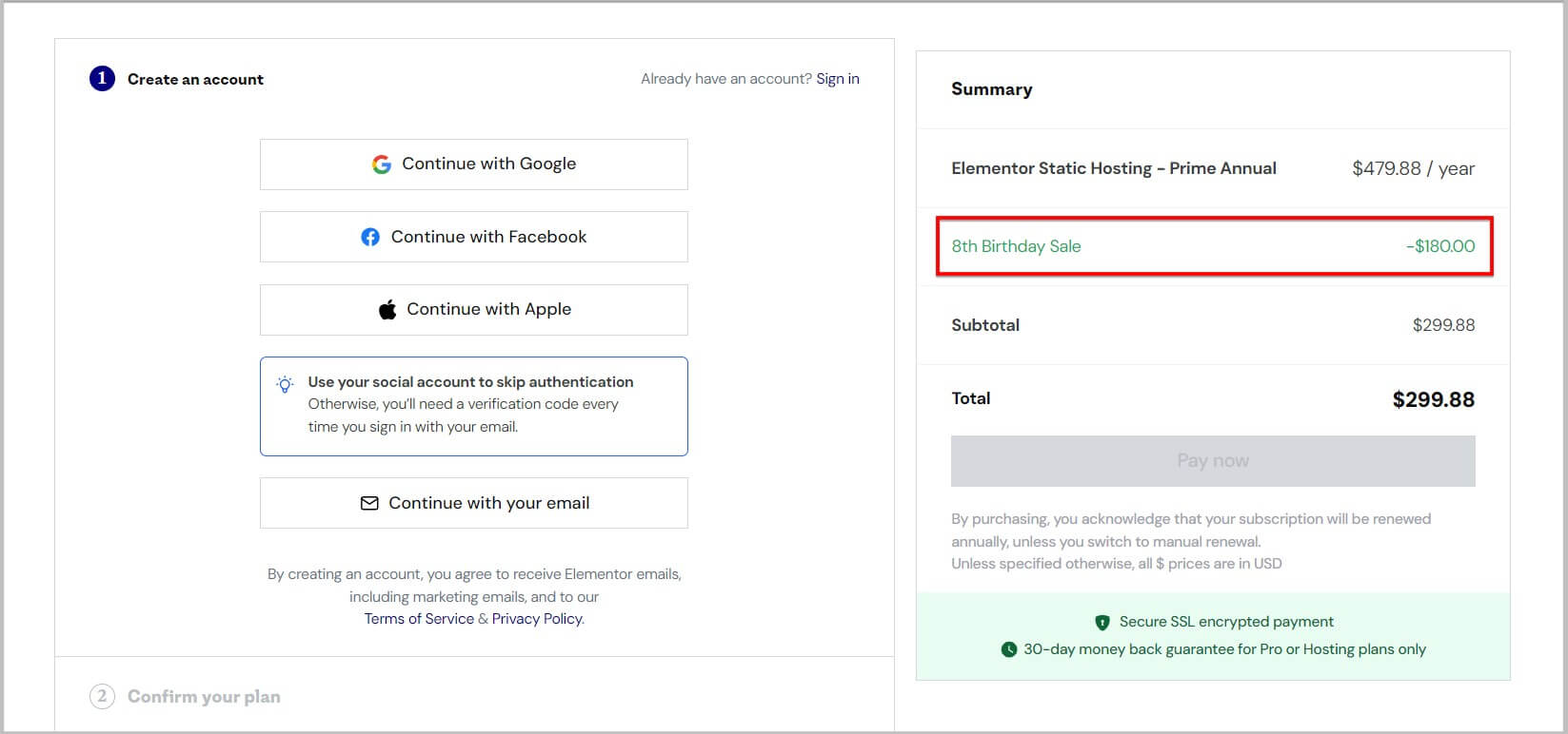 Claim Elementor Static Hosting Birthday promo