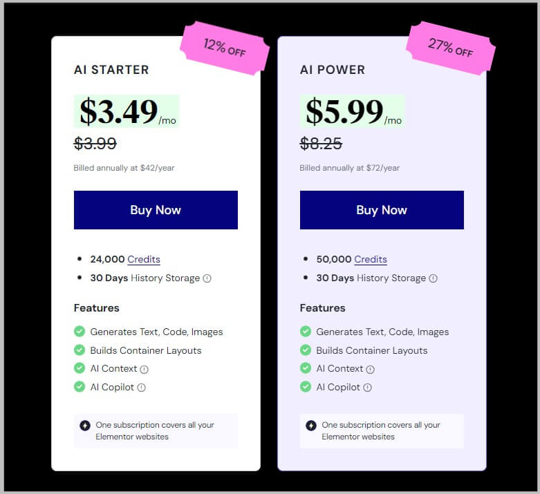 Elementor AI Birthday pricing and plans
