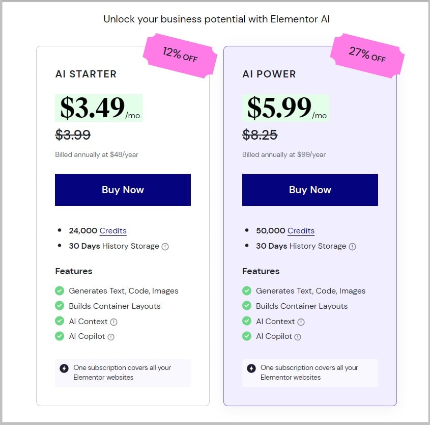 Elementor AI plans on Birthday Sale