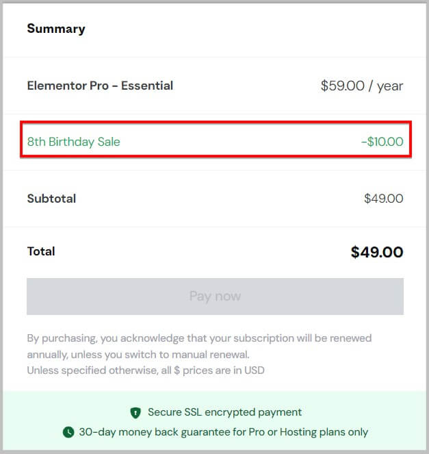 Elementor Birthday discount code