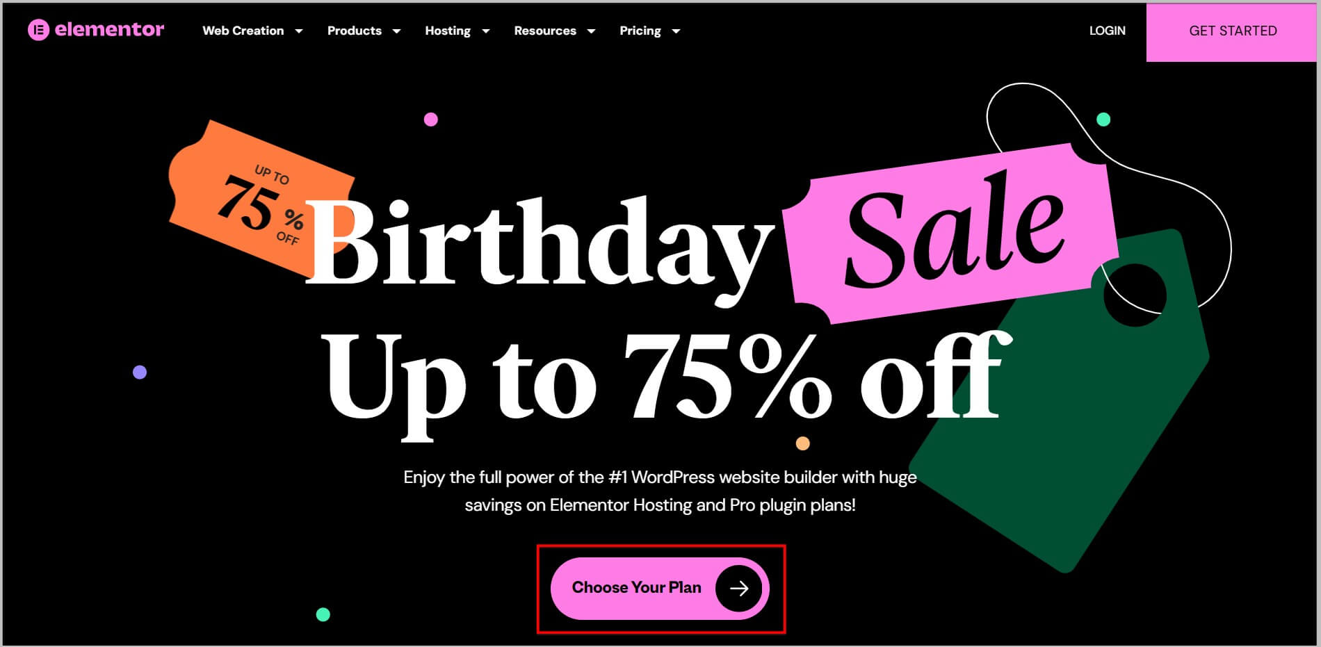 Elementor homepage during Birthday Sale